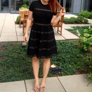 Red Valentino black knit and lace A-line dress